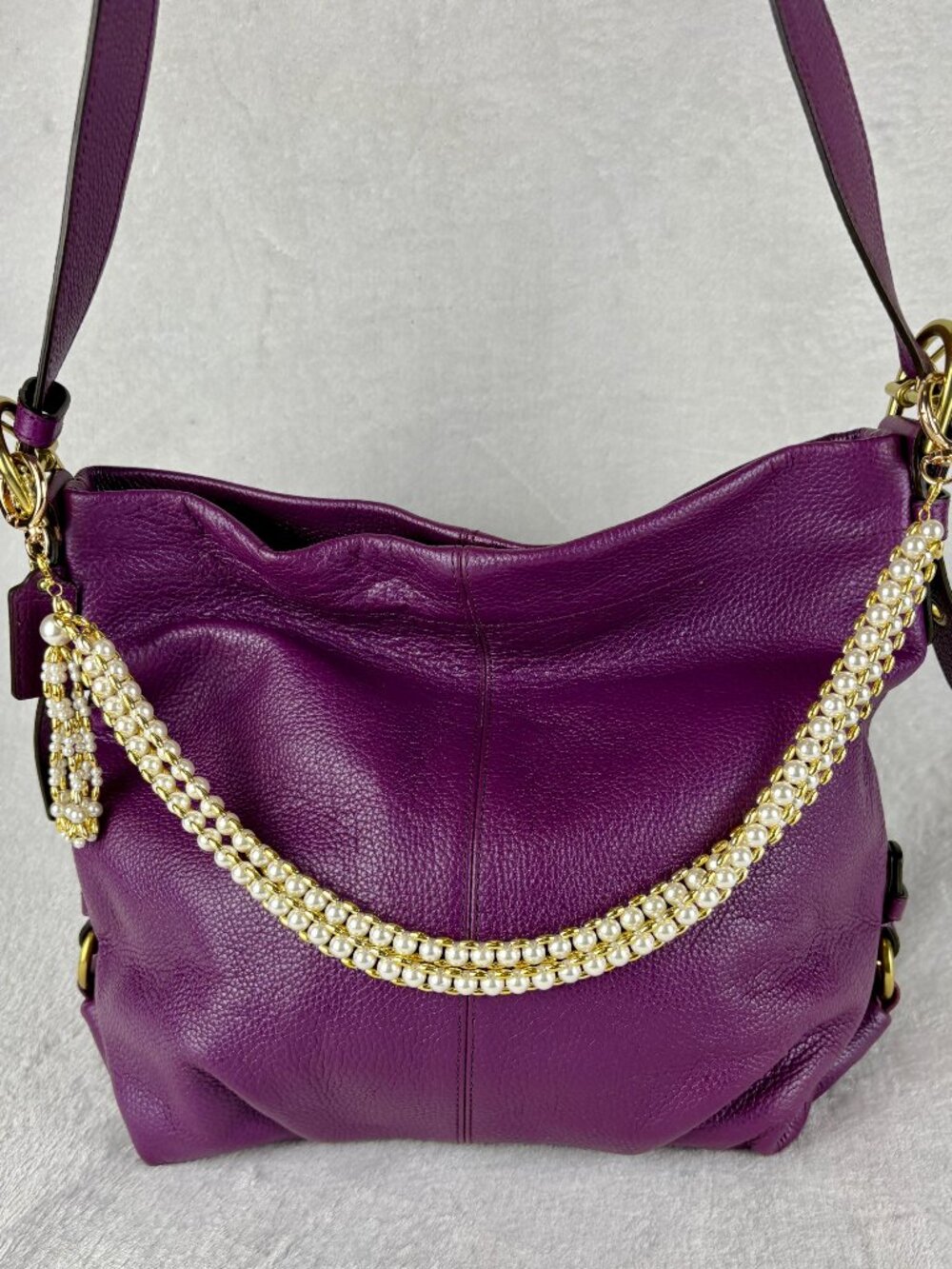 Coach Carly Hobo in Deep Plum/Purple Pebble Leather and Chain